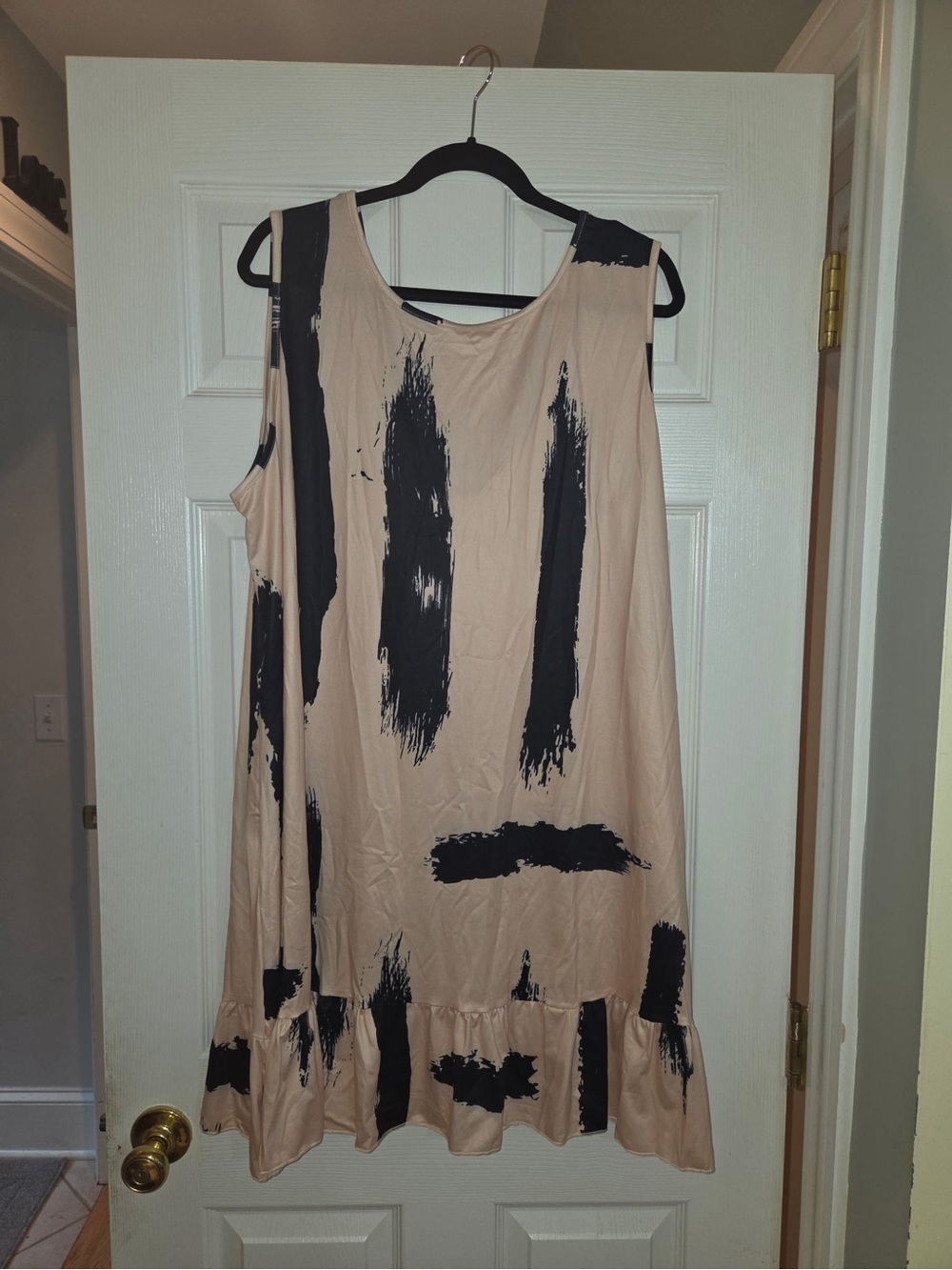 Sleeveless Beige Dress with Black Brushstroke Print